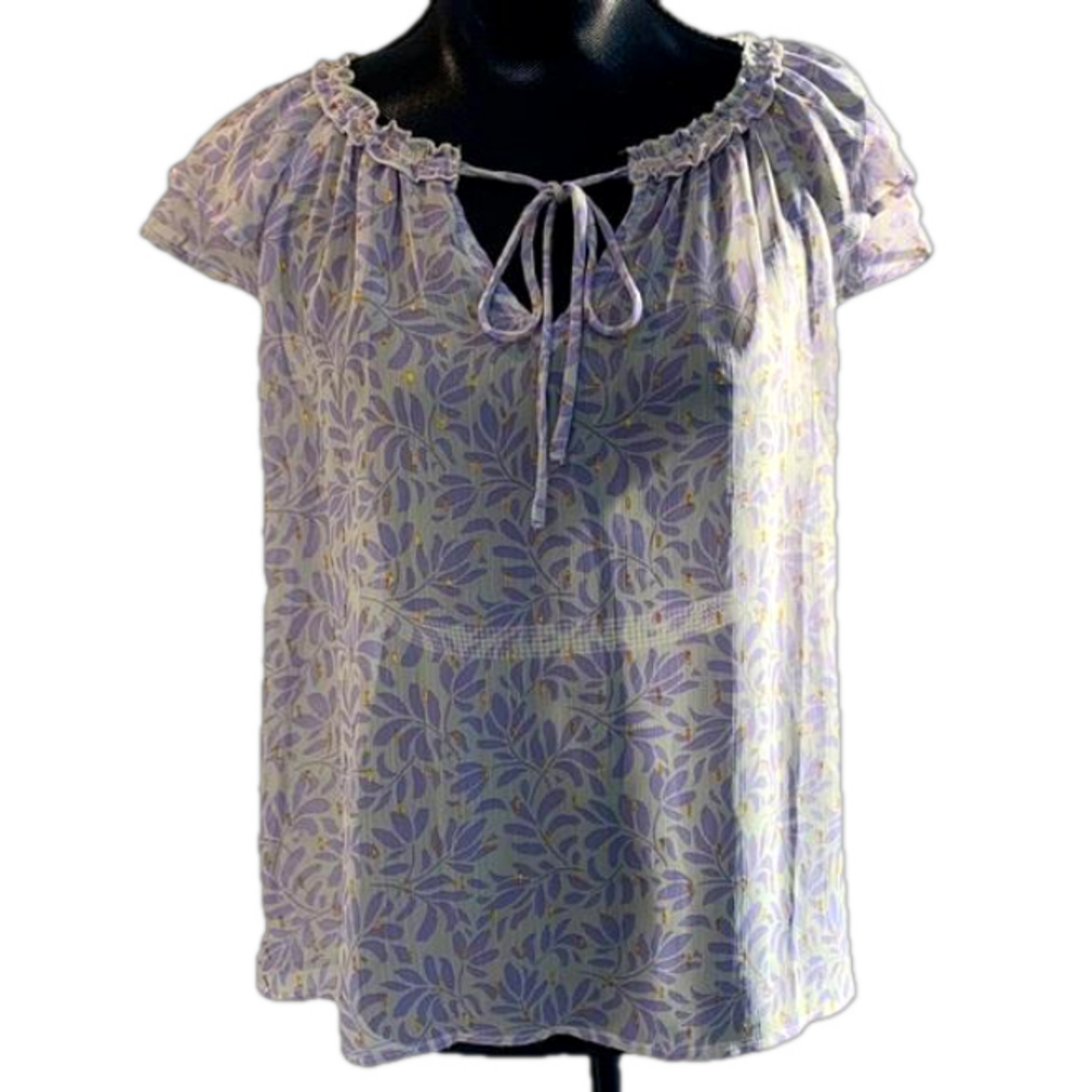 Lovestitch Flowy Sheer Tropical Flowy Metallic Tiered Short Sleeve Blouse Small